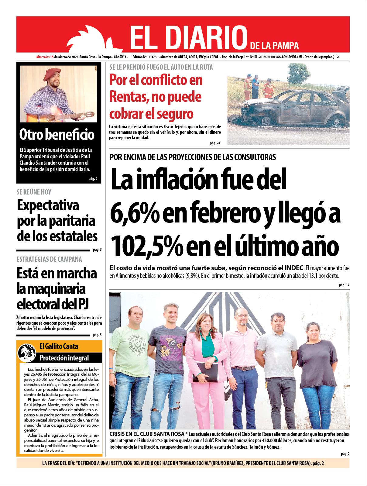 Tapa de El Diario en papel  mieacutercoles 15 de marzo de 2023